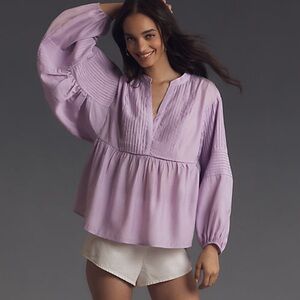 Anthropologie Long-Sleeve Pintuck Blouse Oversized Top Shirt Boho Purple Medium